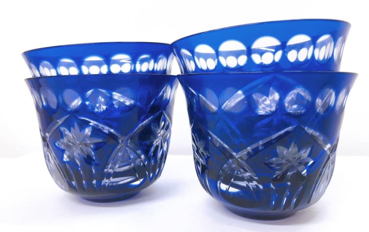 青色カットガラスグラス4個セット コバルトブルー カットクリスタル